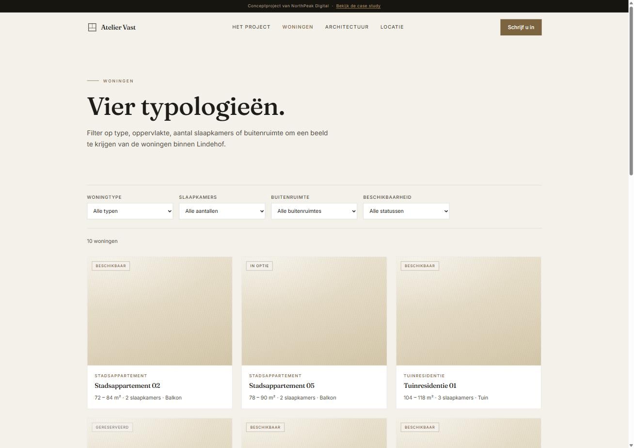 Woningenoverzicht met filters op type, slaapkamers, buitenruimte en beschikbaarheid.