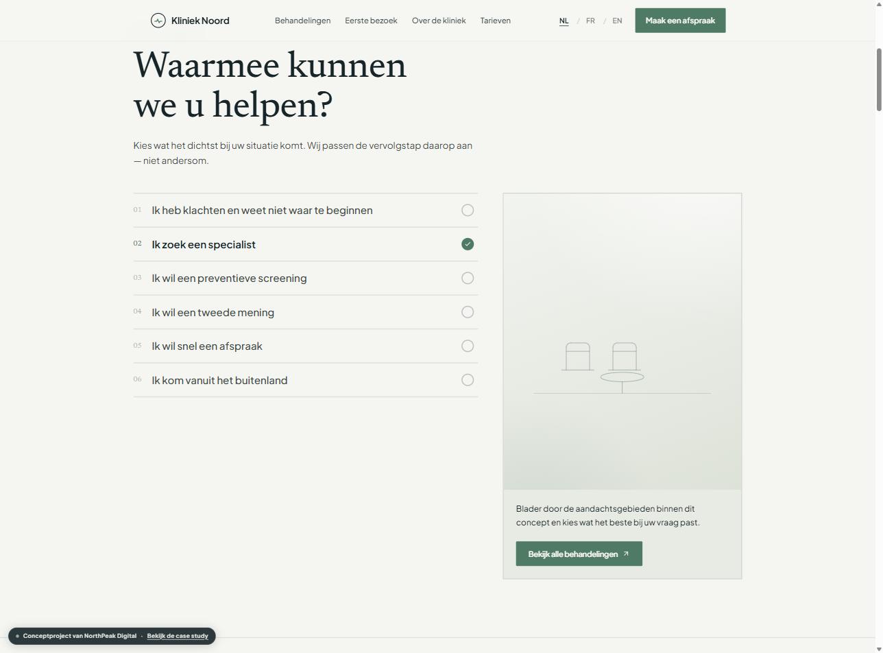 De patiëntnavigator 'Waarmee kunnen we u helpen?' met een geselecteerde situatie en het bijbehorende adviespaneel.