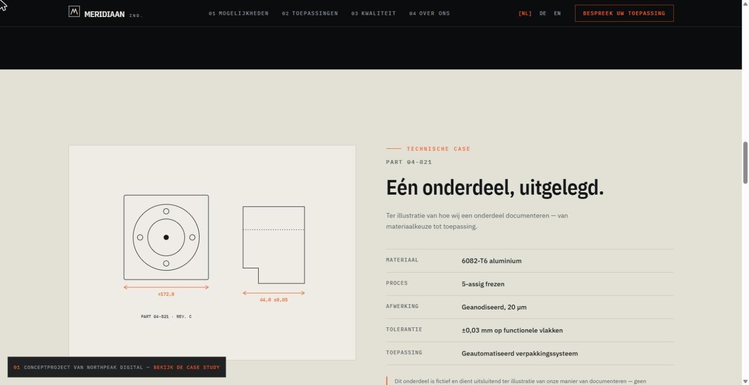 Geannoteerde technische productstory van een fictief onderdeel, met materiaal, proces en toleranties.